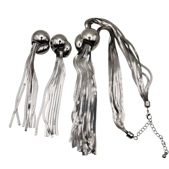 Silver Tone Necklace Earrings Set Multi Strand Snake Chain Long Tassel Runway - Picture 4 of 10